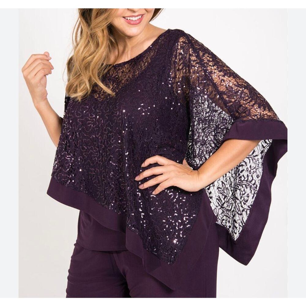 R&M Richards Purple Lace Sequin Poncho Blouse